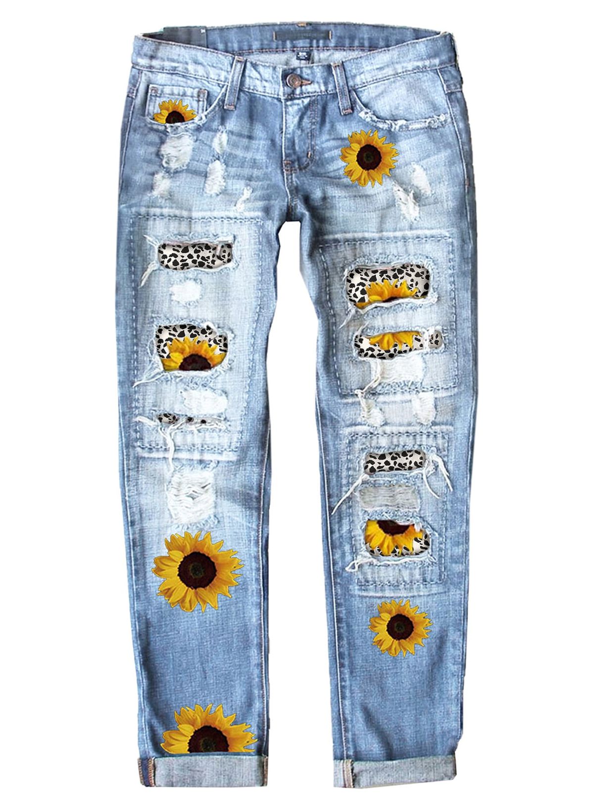 Dokotoo Patch Jean for Woman Light Blue Distressed Jeans Stretchy Sunflower  Printed Denim Pants for Women Mom Jeans High Waisted Pants, Us 12-14(L)